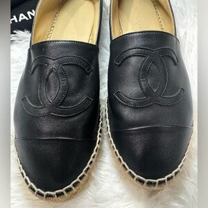 CHANEL Black Leather Espadrilles with Logo